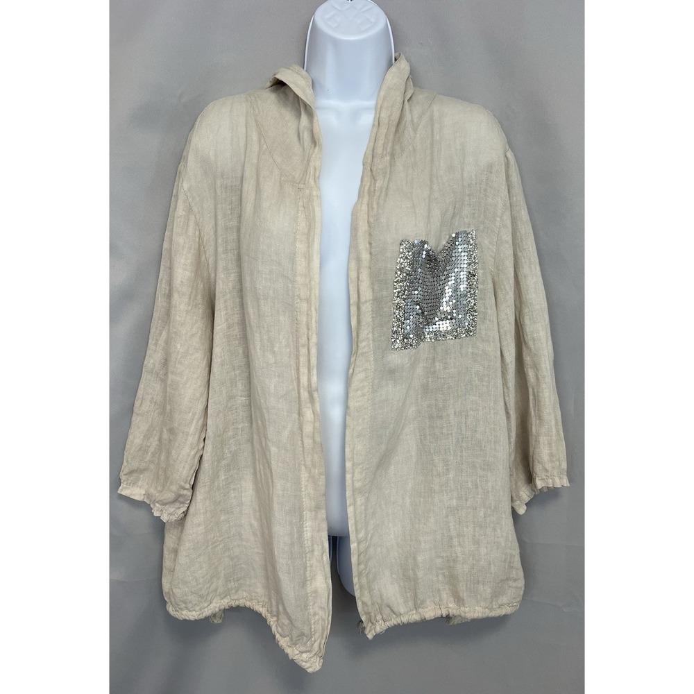 TEMPO PARIS Perfect Linen HoodJacket Beige S/M Made in Italy Open Front Sequins